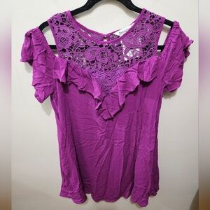 Davi & Dani Pink Purple Ruffle Flowy Lined Crochet Detail Mini Dress Size Small